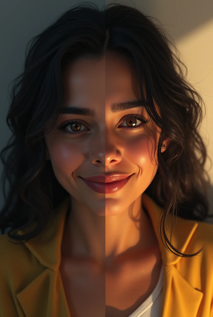 A woman looking exhausted and bored on the left half of the image, and another happy woman, well dressed and smiling on the right half. Both Latinas. 