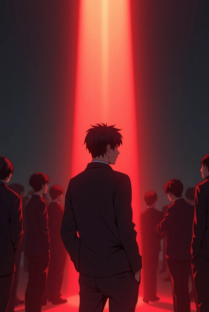 anime style, A person has to be a man, on whom the glare of light falls with silhouettes of shadows and other people in the background, move the camera further away, add more people in the background, change the ray of light to a red one