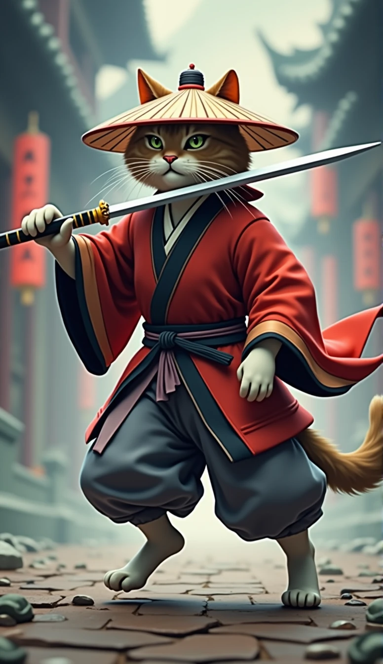 Create an image of a cat standing upright in traditional East Asian attire ( red ), wearing a wide bamboo hat on the head, running pose