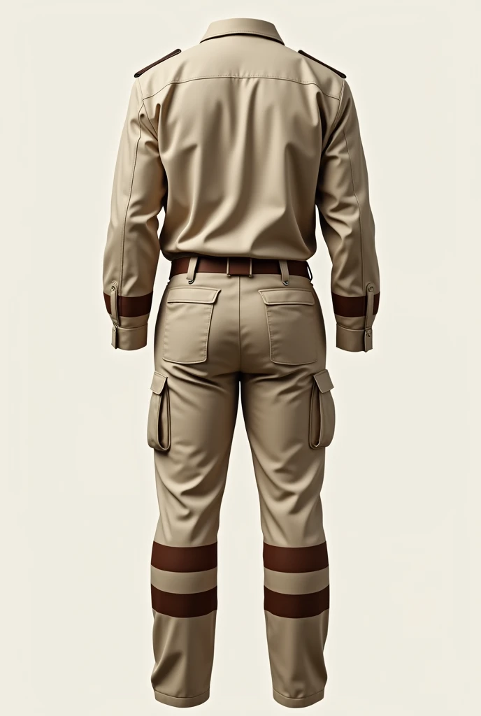 A beige private security guard uniform with a shirt and brown stripes on the pants and two pockets on the back and three on the legs.