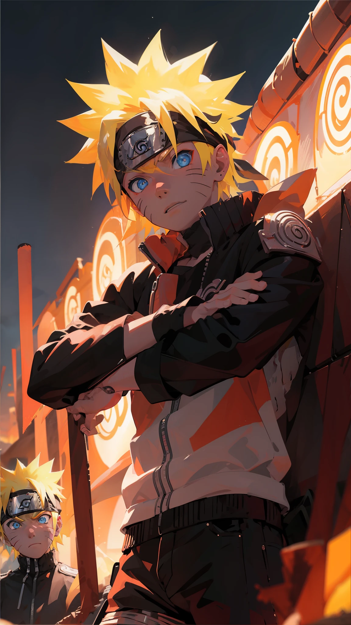 portrait, neon, 1 boy, shonen style, spiky blonde hair, scratches on cheeks, black and red clothing, leather jacket, jeans, boots, bandana, cool, blue eyes, full body, color --name Naruto Uzumaki --desert background with pyramids and camels