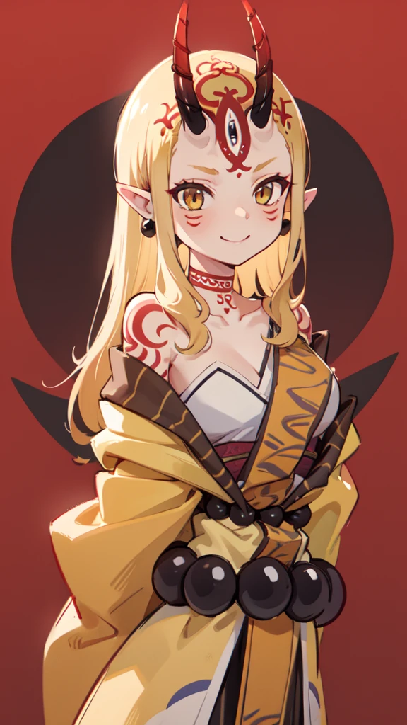 1girl, solo, (ibaraki_douji), blonde, yellow eyes, oni horns, japanese clothes, pointy ears, kimono, bare shoulders, off shoulder, yellow kimono, forehead, ((arms behind back)), hair accesories, straight hair, jewelry, earrings, large smile, smug, upper body, standing, masterpiece, best quality, 8k, beautiful