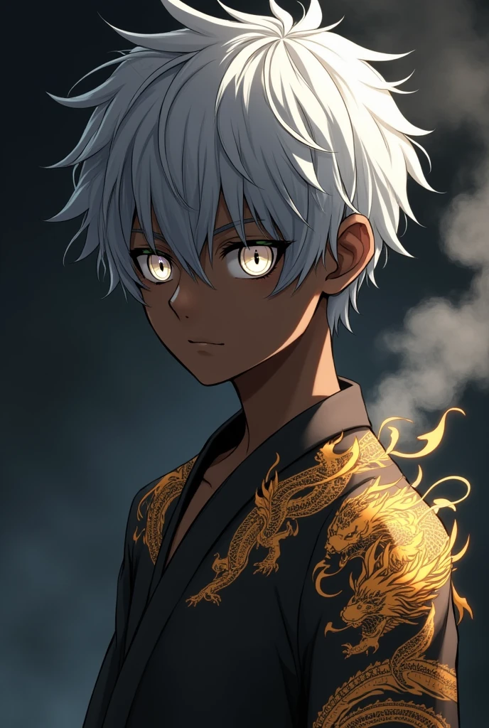 Young man, ebony skin, bright white eyes, anime, 12 years old, silver hair, aura of smoke, Gold luminous Dragon tattoo, short messy hair, black atmosphere, style anime fantasy .