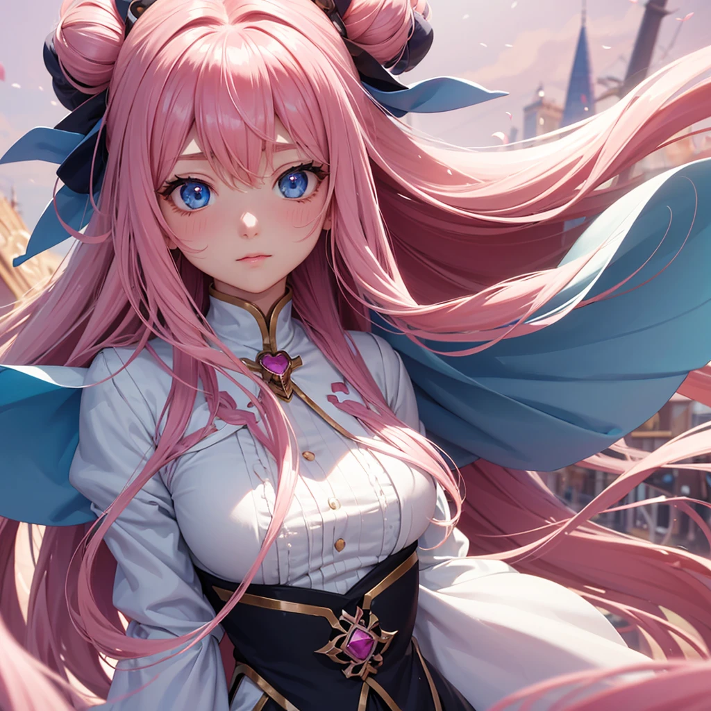"A close-up anime portrait of Arona, a young girl with long pink hair and bright blue eyes. In this scene, Her eyes are heart-shaped and her face is blushing., expressing a deep infatuation. The view is from the neck up, highlighting his expressive face, with her hair flowing softly and framing her face. The background is abstract and colorful, with soft tones that complement her pink hair, accentuating the romantic atmosphere of the scene."