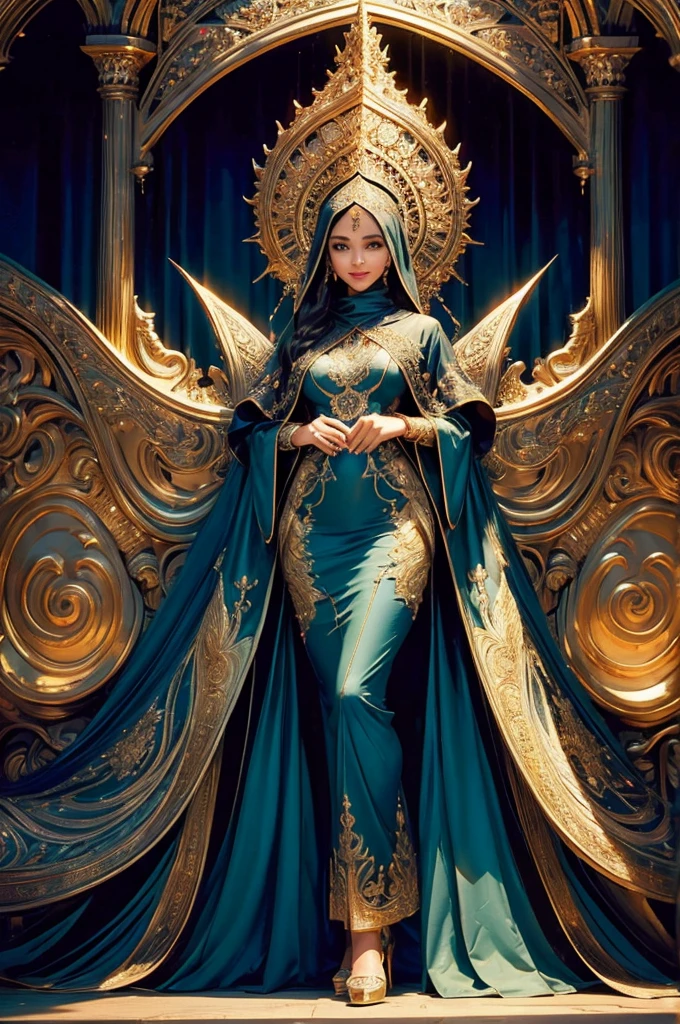 Evening scene, full-body photo of a very beautiful malay girl with hijab, posing, looking at the camera and smile, big long-dark gold hijab, covering the whole chest , dark green long-large abaya robe, made of cotton, no ornaments, 35 years old, absolutely beautiful face, hazel eyes, pointed nose, narrow face, high cheekbones, full pretty lips, beauty pageant winner, calm smile, tight smile, dynamic pose, soft volumetric lightings, cinematic, intricate details, digital photo, 32K Ultra HD, photo realistic, sharp details, proportional face, proportional body, perfect shapes and sizes, intricate details