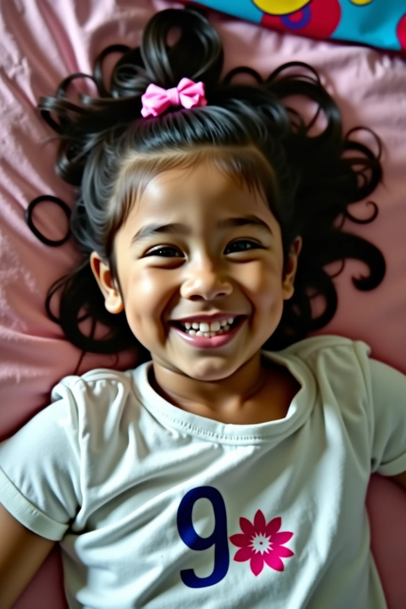 Peruvian 9-year-old girl lying in her bed, full-body view
