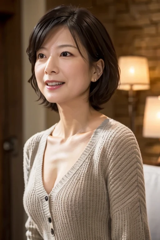 (In 8K, Highest quality, masterpiece:1.2), (Realistic, Photorealistic:1.37), Very detailed, Natural light, Mid-chest, I can see her cleavage, 1 person, 35-year-old woman, Black Hair, short hair, Look up at the viewer from below, meanwhile, Light knit V-neck shirt, At the time of the performance, Very detailed顔と肌, Detailed eyes, Very detailed顔と肌