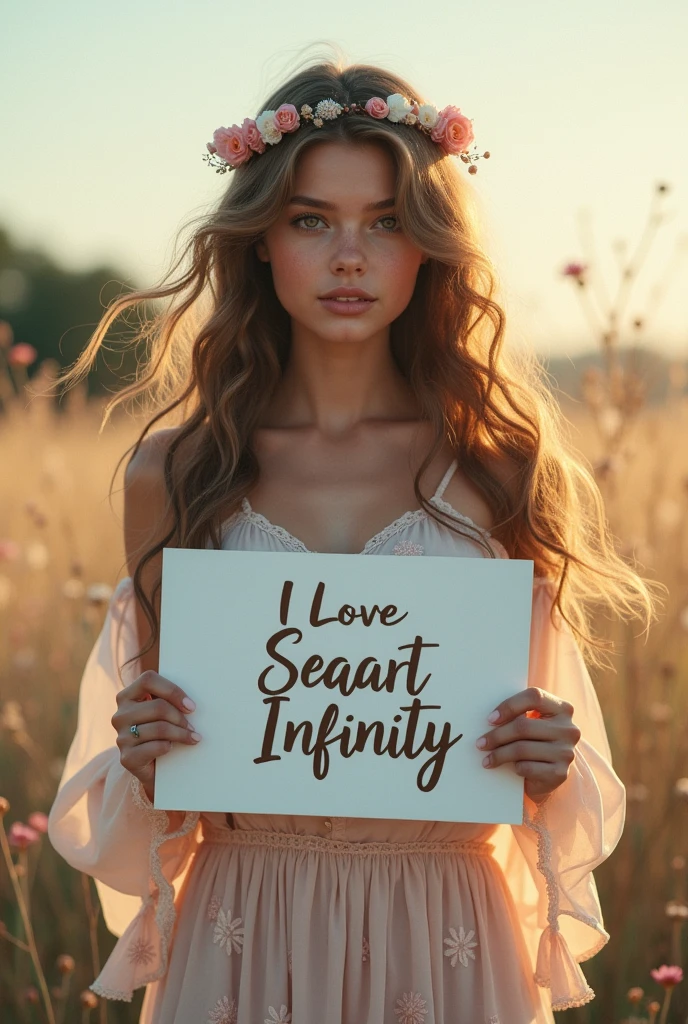 Beautiful girl with wavy long hair, bohemian dress, holding a white board with text "I Love Seaart Infinity" and showing it to the viewer