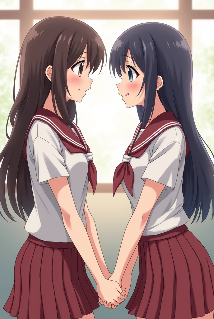 Picture of two extremely cute Japanese high school girls masturbating while facing each other.
