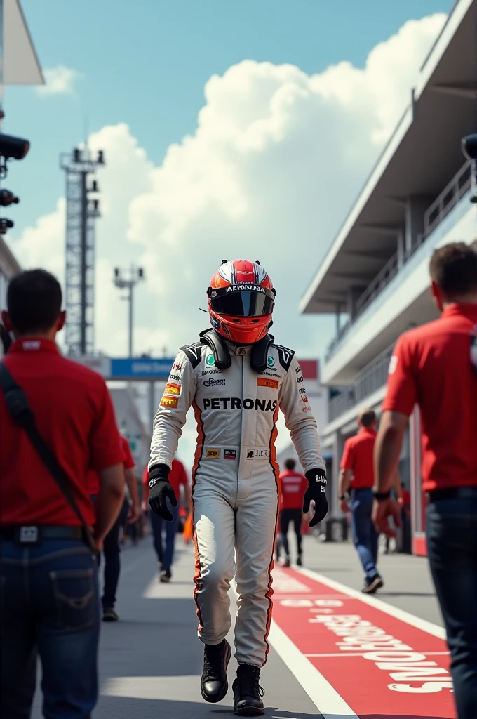 F1 driver entering paddock happy