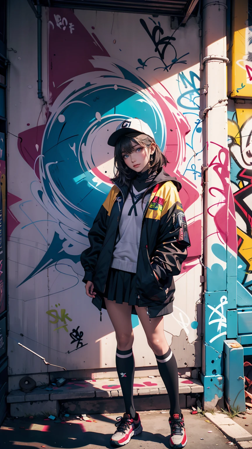 (Highest quality), masterpiece, Highly detailed CG uniform 8K illustrations, High collar, extremely High collar saturation, All the colors have deepened, paint, Graffiti art, Center Configuration, Highly detailed lights and shadows, Graffiti wall, wall painted bright, A girl&#39;s graffiti A girl is staring at the wall, Highly detailed face and eyes, Medium length hair, Sportswear, Coloured Clouds