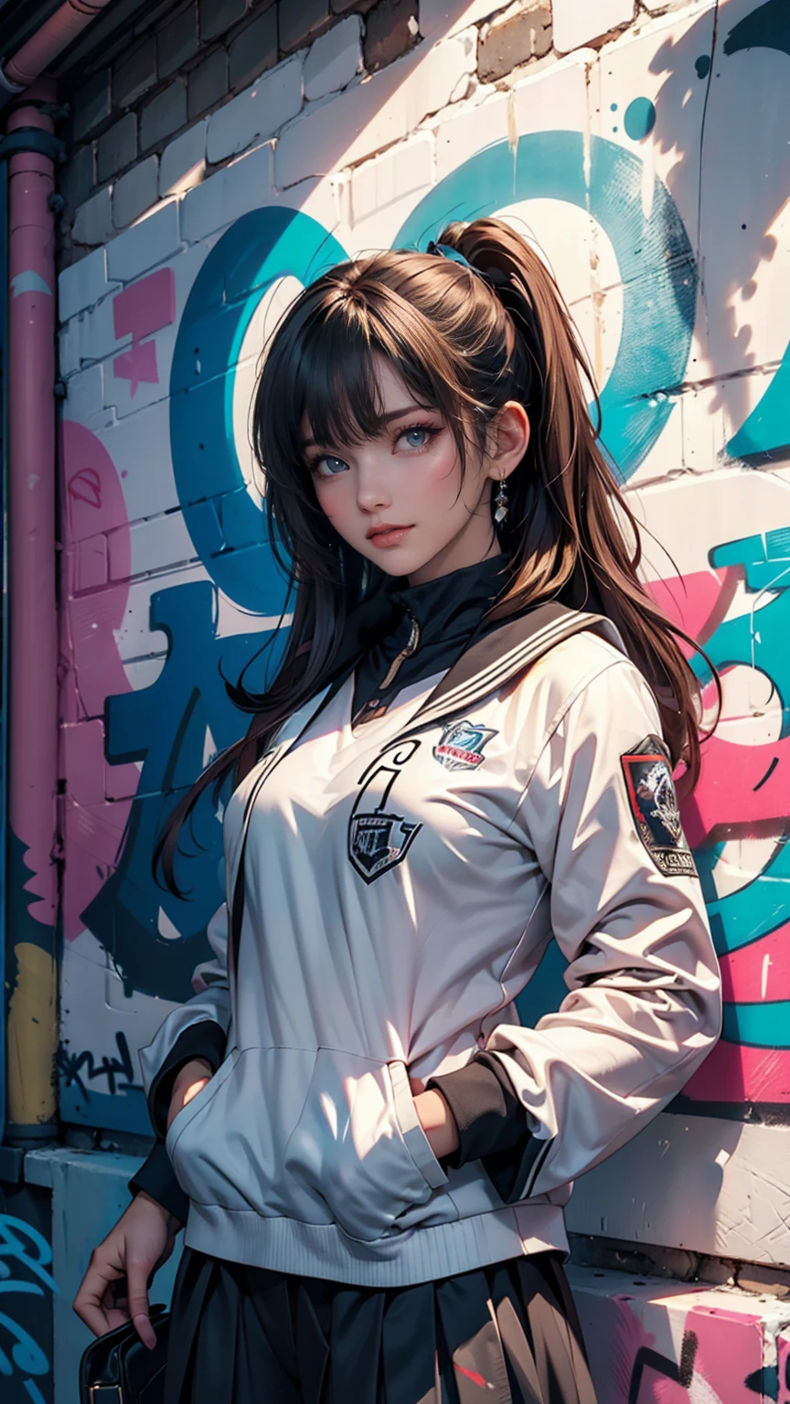 (Highest quality), masterpiece, Highly detailed CG uniform 8K illustrations, High collar, extremely High collar saturation, All the colors have deepened, paint, Graffiti art, Center Configuration, Highly detailed lights and shadows, Graffiti wall, wall painted bright, A girl's graffiti A girl is staring at the wall, Highly detailed face and eyes, Medium length hair, Sportswear, Coloured Clouds