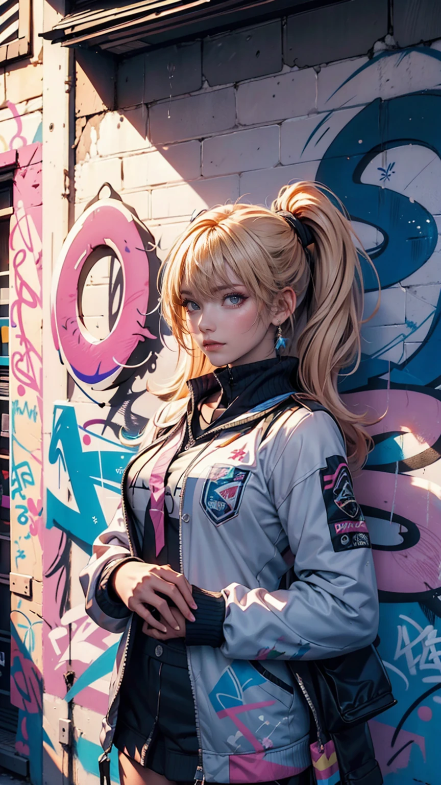 (Highest quality), masterpiece, Highly detailed CG uniform 8K illustrations, High collar, extremely High collar saturation, All the colors have deepened, paint, Graffiti art, Center Configuration, Highly detailed lights and shadows, Graffiti wall, wall painted bright, A girl&#39;s graffiti A girl is staring at the wall, Highly detailed face and eyes, Medium length hair, Sportswear, Coloured Clouds