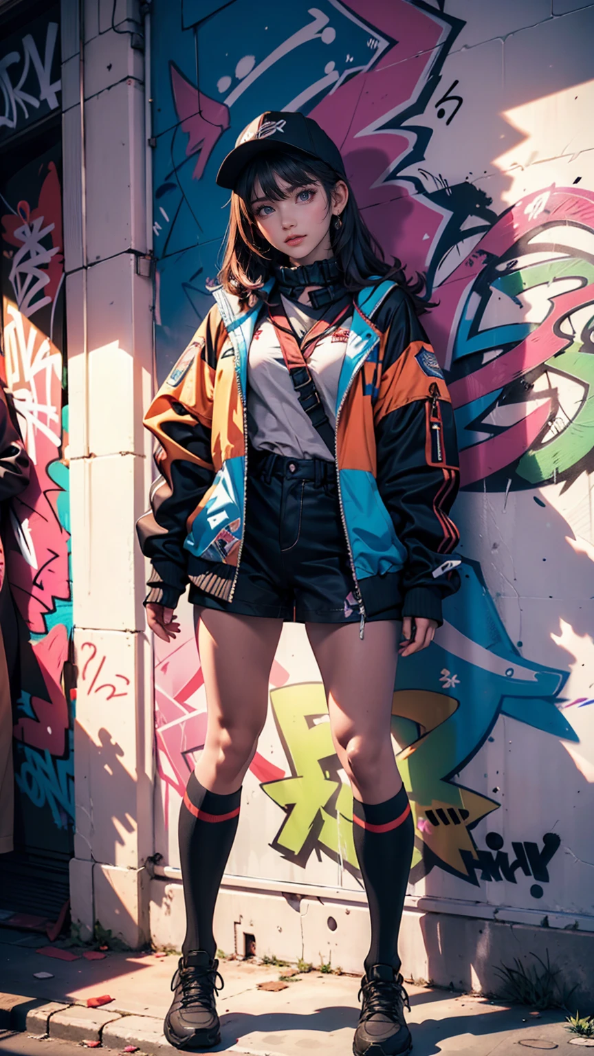(Highest quality), masterpiece, Highly detailed CG uniform 8K illustrations, High collar, extremely High collar saturation, All the colors have deepened, paint, Graffiti art, Center Configuration, Highly detailed lights and shadows, Graffiti wall, wall painted bright, A girl's graffiti A girl is staring at the wall, Highly detailed face and eyes, Medium length hair, Sportswear, Coloured Clouds