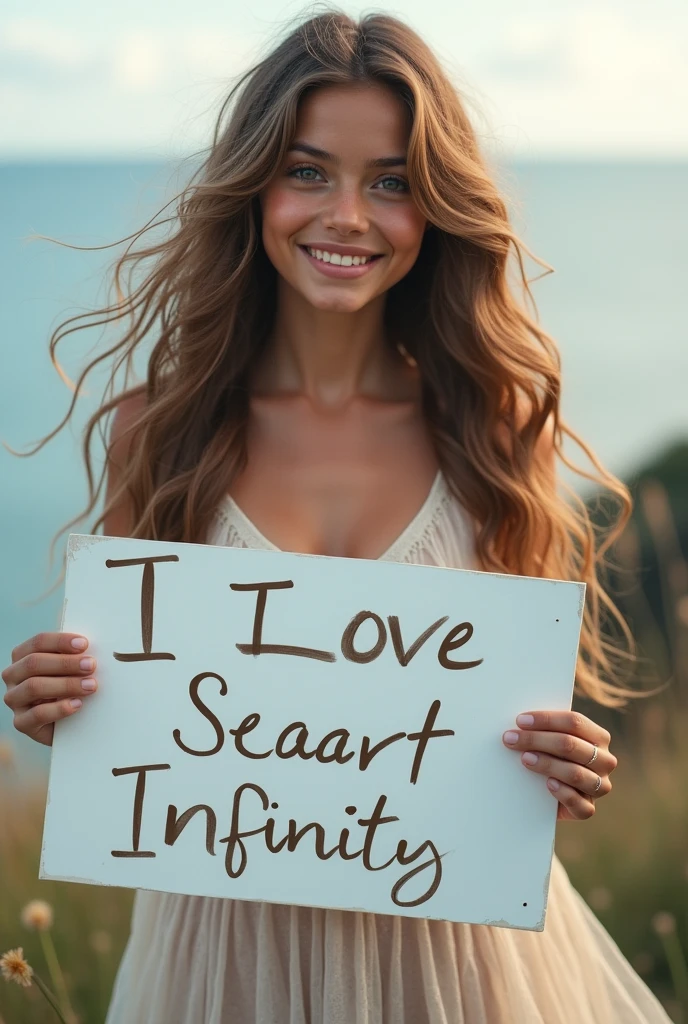 Beautiful girl with wavy long hair, bohemian dress, holding a white board with text "I Love Seaart Infinity" and showing it to the viewer