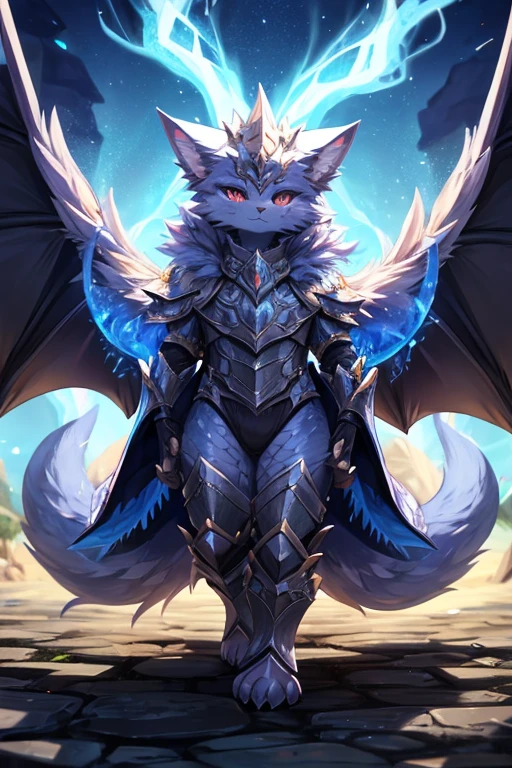 Elite Monster: A mythical, almost legendary cat with wings or multiple tails, covered in armor-like scales or shimmering fur. It commands its elemental forces effortlessly, with an aura that causes the ground to tremble or the air to crackle with energy.