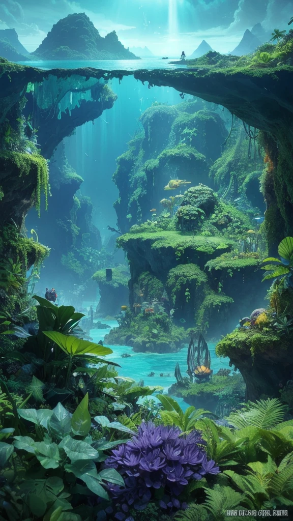 Nausicaä of the Valley of the Wind - Sea and the Toxic Jungle Theme: A future where the polluted Toxic Jungle spreads, and the sea is encroaching on its borders. Elements: Shadows of giant insects drifting over the ocean, toxic gas from the jungle mingling with the blue sea. The shoreline is littered with the decaying remains of a giant warrior. Colors: Deep blue, the green and yellow of the Toxic Jungle, poisonous purple mist. Mood: A crossroads between desolation and renewal, hope and despair