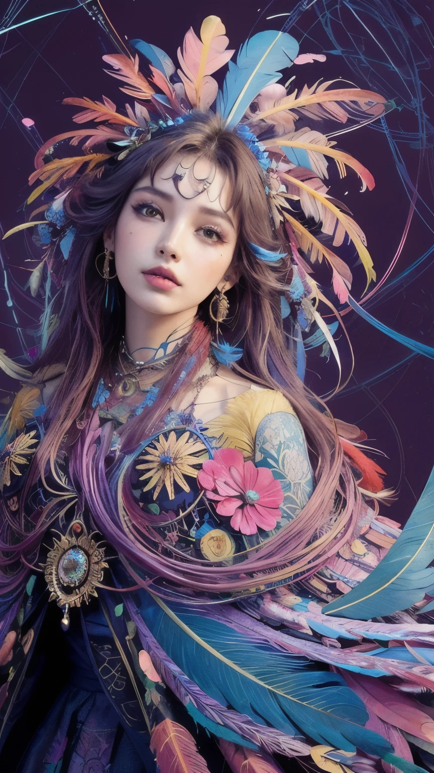 269 (20-year-old woman), (masterpiece, Highest quality, aesthetic:1.2), Very detailed, (Fractal Art:1.1), (colorful:1.1)(flower:1.3), (Tangled:1.2), whole body, (Abstract background:1.3), (Glowing Skin), (Many colors:1.4), (Earrings), (feather:1.46)