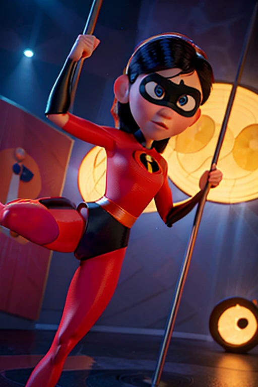 Two girls in leotards doing pole dancing, Pixar animated movie Incredibles style, highly detailed, ultra-realistic, 8k, sharp focus, studio lighting, vivid colors, volumetric lighting, dramatic lighting, cinematic, masterpiece
