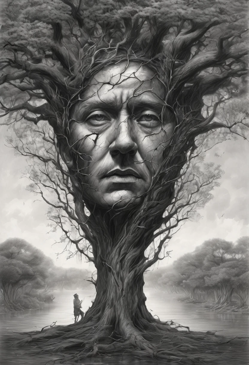 floating head, stuck in the branches of a tree, expression of pain and agony, Surreal Image, garden of time in the background, ultra-detailed, masterpiece, sketch, coal, Pencil