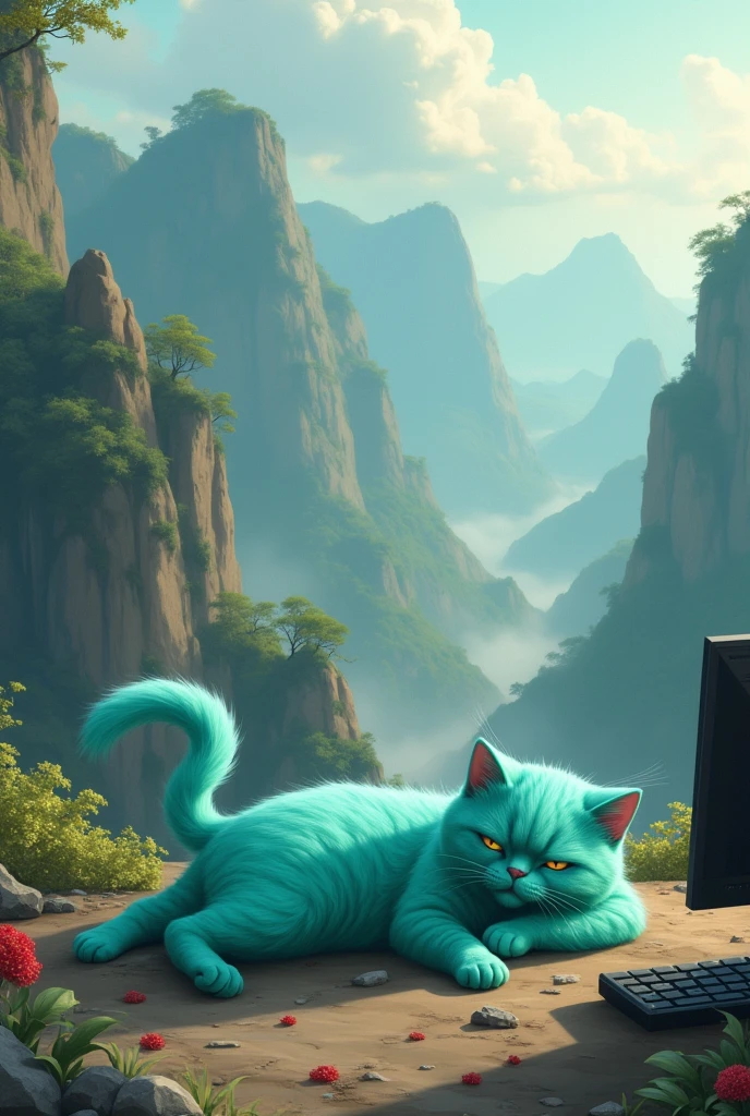 A Tiffany green cat lying on the ground, lazy and unmotivated. There is a computer next to it. There is a computer on the top of a huge mountain in the Chinese style background.
