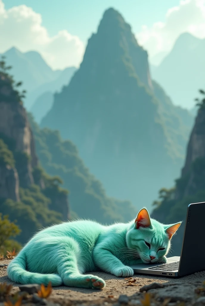 A Tiffany green cat lying on the ground, lazy and unmotivated. There is a computer next to it. There is a computer on the top of a huge mountain in the Chinese style background.