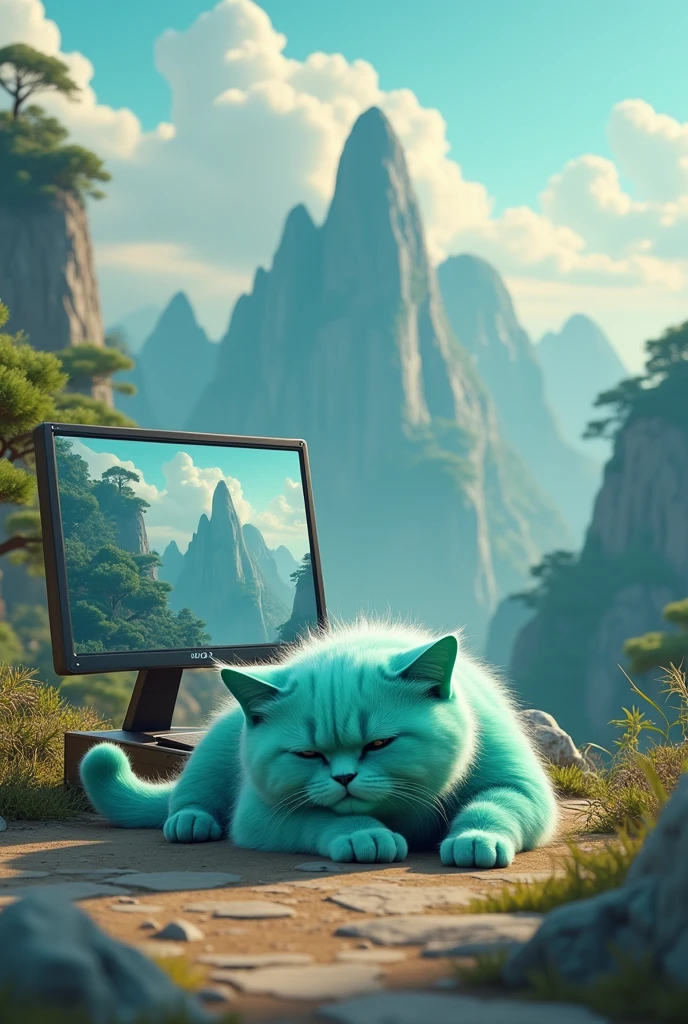 A Tiffany green cat lying on the ground, lazy and unmotivated. There is a computer next to it. There is a computer on the top of a huge mountain in the Chinese style background.