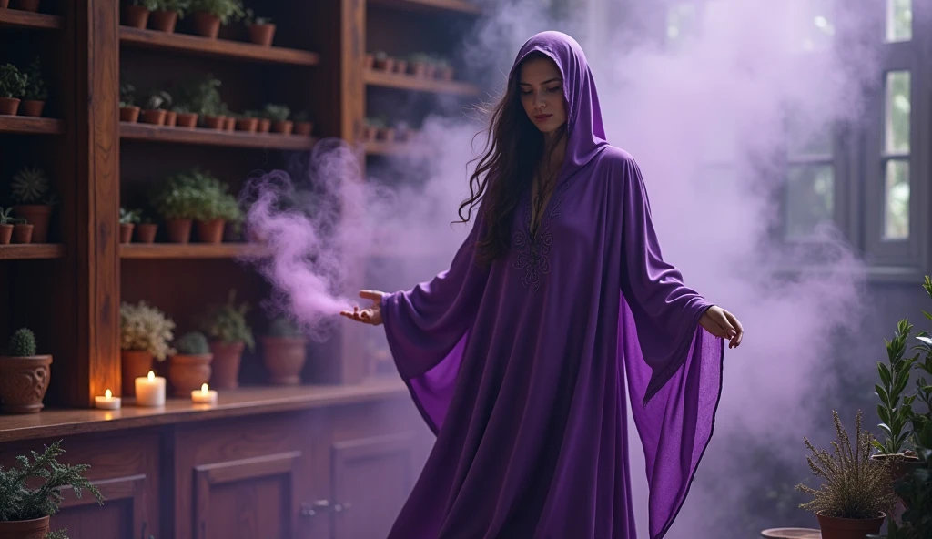 woman in violet priestess cloak smudging her home with burning herbs and incense, display a lot of smoke, convey depth, in the background a cupboard with various aromatic herbs, in the scene small lit candles