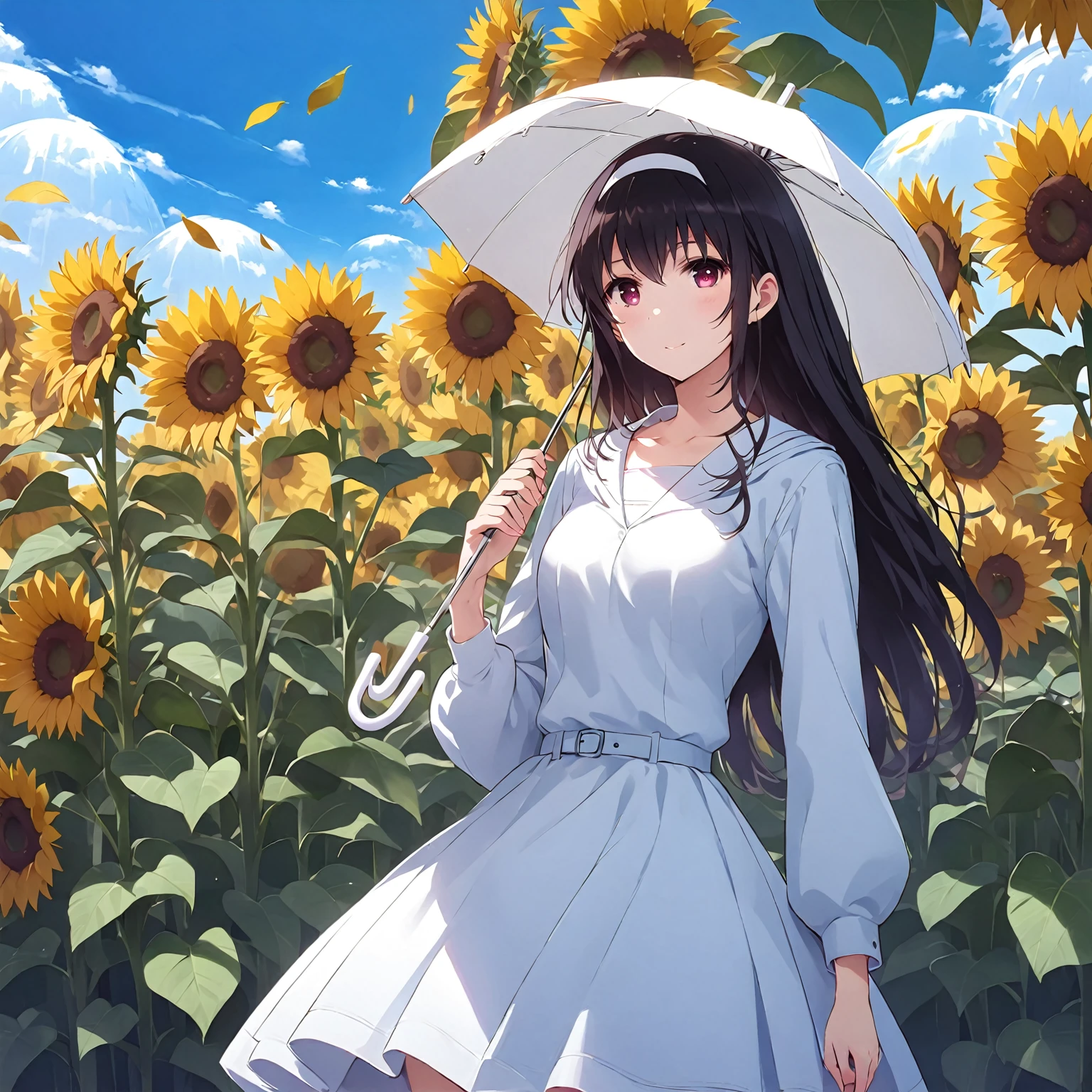 An anime-style beauty standing in a sunflower field。Perfect body，individual，Beautiful woman wearing a white dress，Elegant skirt design，With long sleeves and belted detail。She holds a white umbrella，Black hair，Drop to shoulders。She looks relaxed and happy.，Seems to be enjoying a sunny day。The surrounding sunflowers face different directions，The background is a clear blue sky with a few clouds。The overall picture gives a sense of tranquility and summer.。