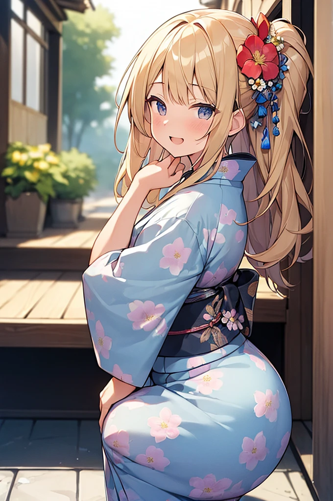 (Masterpiece, Top quality:1.5), (from side:1.2), 1 beautiful girl, solo, squatting down, Blonde, medium Hair, wavy Hair, asymmetry bangs, swept bangs, airy hair, (big hips:1.2), 16 year old, (flower printed yukata :1.3), smile:1.3, blush, beautiful scene of narrow Alley, blurry background, magnificent panorama view, blurry background, open mouth, firework