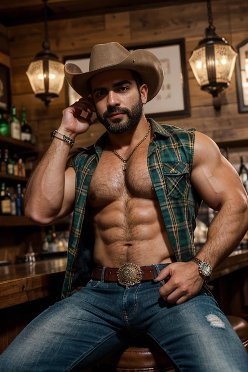 (((HdR)))  handsome Lebanese man burly bodybuilder close up in tight studded jeans,  strong muscular legs , with a green plaid shirt and cowboy hat,  Ultra realistic masterpiece high detail 8k large belt buckle , Profile con joyería de oro y brazaletes fondo de estudio con bigote , smiling chain necklace chubby, Bear, (Profile),   (25 years  ) perfect eyes and hands ((( perfect face)))  hairy chest, in the bar