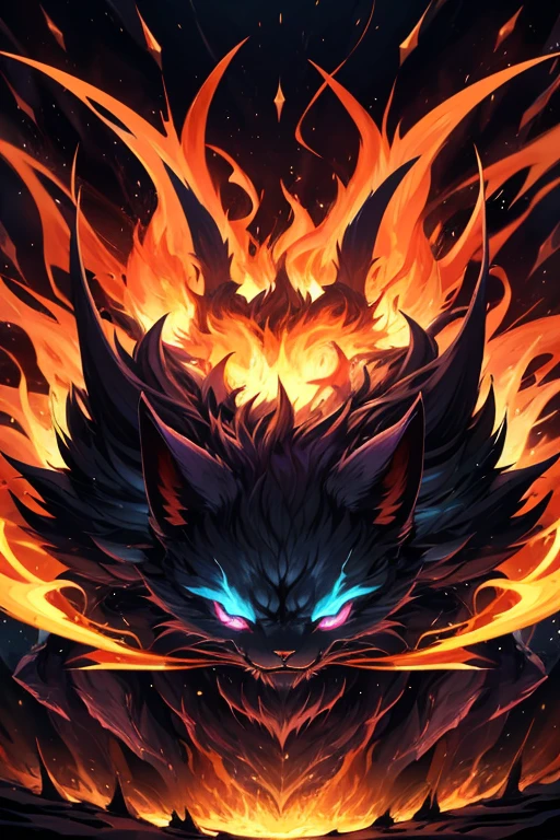 Final Boss: The ultimate form, a colossal, god-like cat with a dark, otherworldly presence. Its fur is a swirling mass of elemental energy, and its eyes burn with an overwhelming, terrifying power. The environment around it warps under its immense strength, as if reality itself bends to its will.