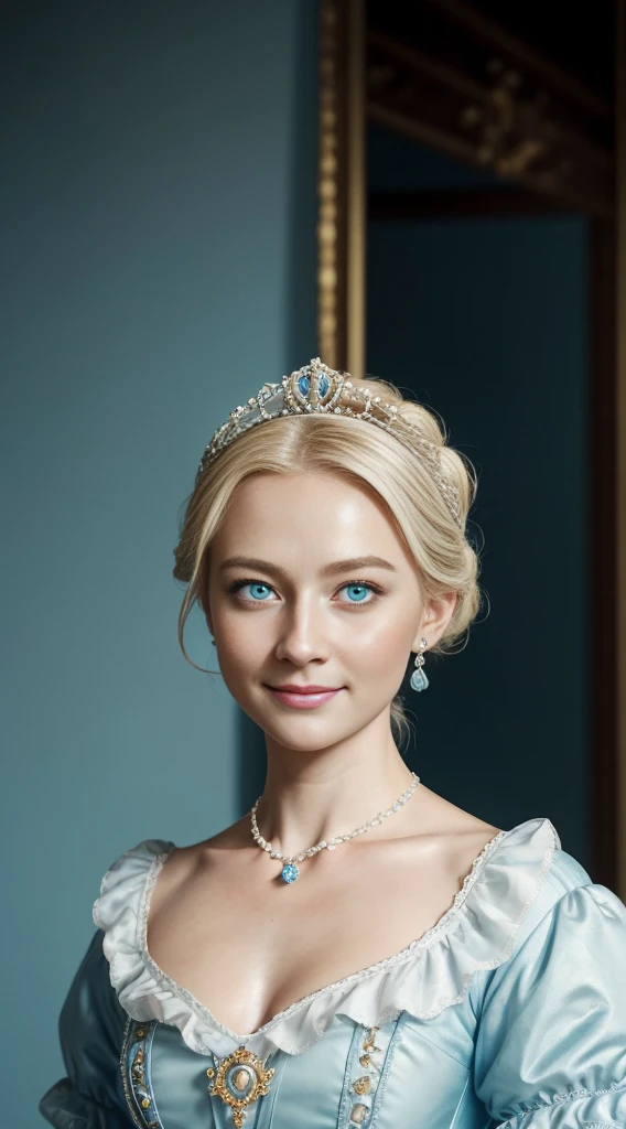 Raw photo、Cinema Lighting, Soft Blur, One woman、Rococo dress、Lady、((Swedish, Upper Body, 19 years old, White skin, Moisturized Skin, Blonde, Chignon Hair, tiara, Ice Blue Eyes, Long face, High nose, archaic smile:1.4)), Woman in light blue dress, slim and small breasts, necklace, Rococo Queen, Rococo portrait, Exquisite and aristocratic, Aristocratic appearance, 優雅なLady, 18th Century Duchess, 18th century style