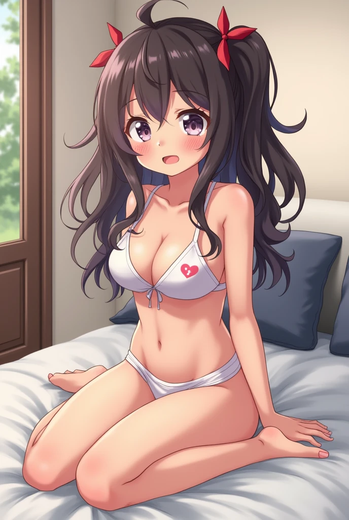 Make a li in underwear sitting on a bed with her legs open 
