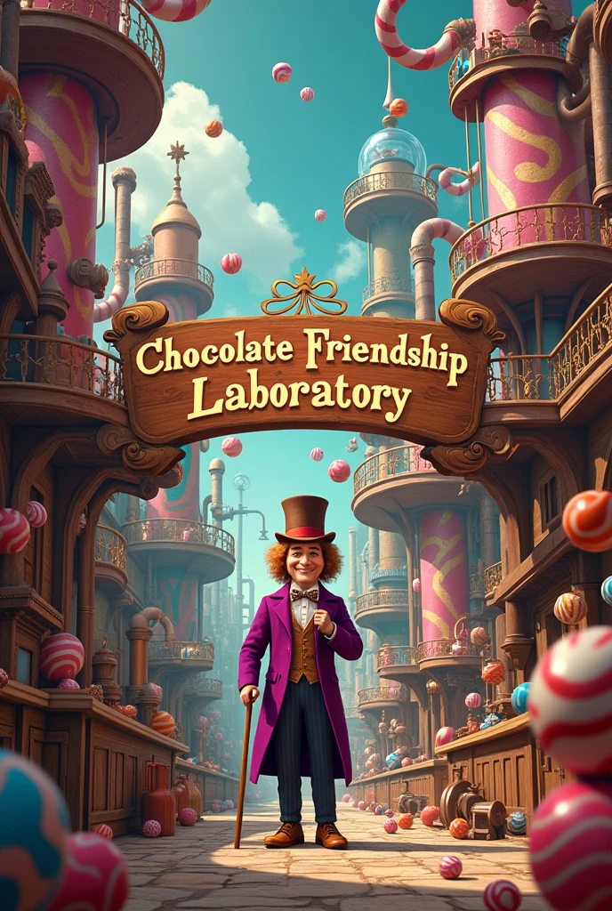 An image to make a poster, This image has to have a Willy Wonka and the Chocolate Factory theme.,. The candy laboratory, The sign should say Chocolate Friendship Laboratory.