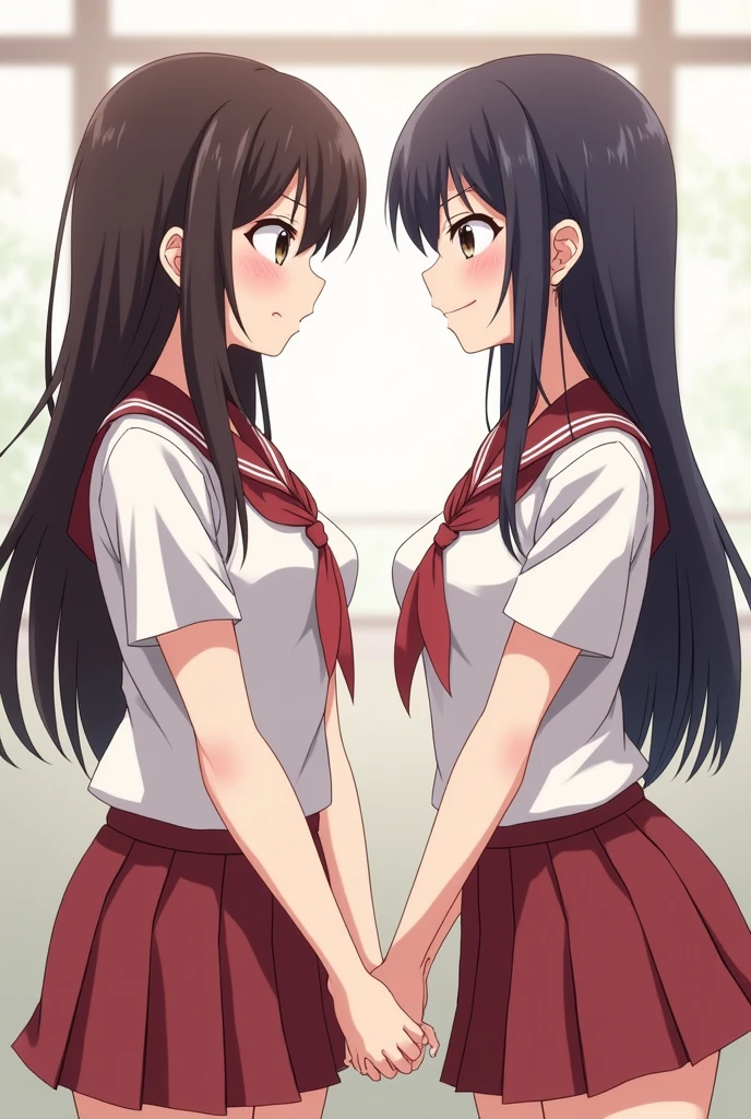 Picture of two extremely cute Japanese high school girls facing each other, showing their vaginas to each other and masturbating.