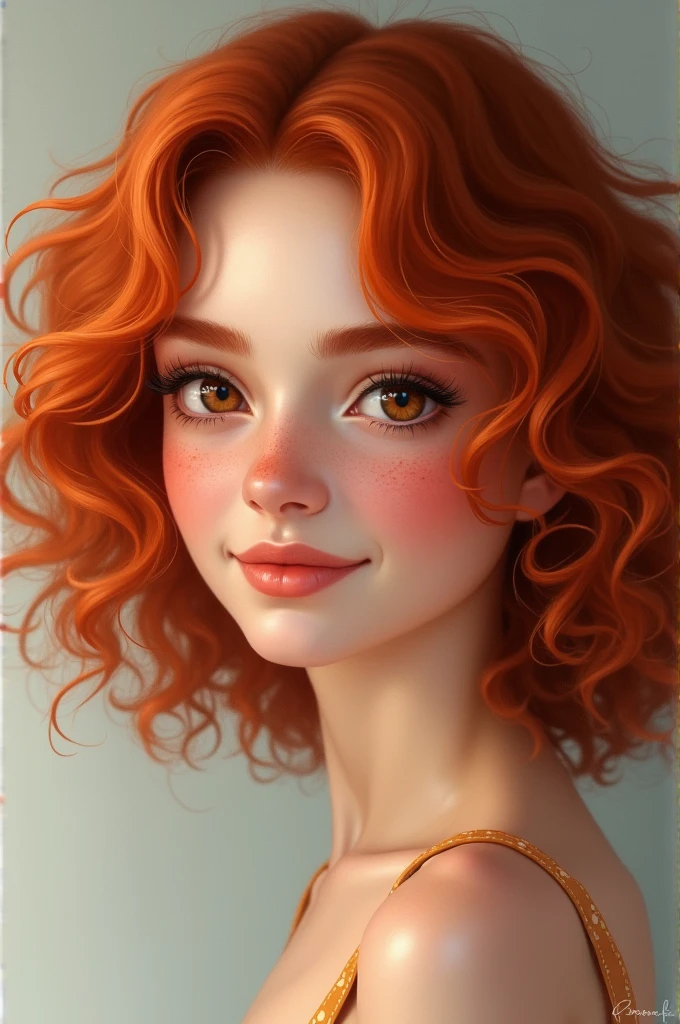 Create an image of a white woman with red hair, medium short and curly. She has brown eyes, visible freckles on her cheeks and an innocent smile