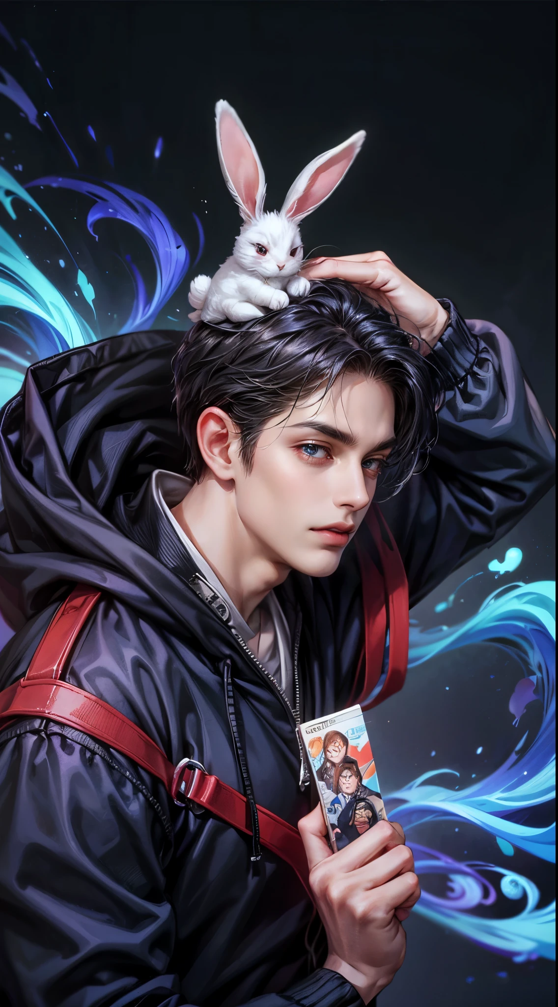 masutepiece,Best Quality,masutepiece,Best Quality, 8K, Beautiful bunny boy with floppy ears on his head, wearing a  over a hoodie, Looking at Viewer, naruto, 