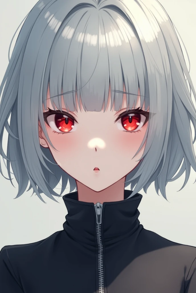 Silver hair, red eyes, bob, fair skin, listless, anime