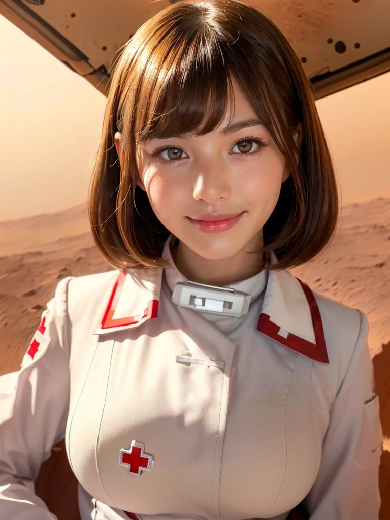 (white saint girl :1.5),(big  breasts:1.5), ,(shiny light brown hair:1.3),(bangs:1.2),(white medic uniform with red big star:1.5),(beautiful shiny face skin:1.5),(short messy hair:1.3),(cute lip:1.3),(on mars flat :1.5),(smile:1.2)