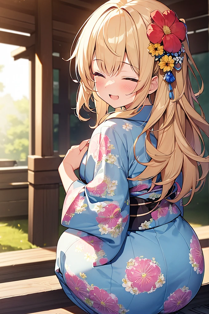 (Masterpiece, Top quality:1.5), (from behind:1.2), 1 beautiful girl, solo, squatting down, Blonde, medium Hair, wavy Hair, asymmetry bangs, swept bangs, airy hair, (big hips:1.2), 16 year old, (flower printed yukata :1.3), smile:1.3, blush, beautiful scene of narrow Alley, blurry background, magnificent panorama view, blurry background, open mouth, closed eyes, firework