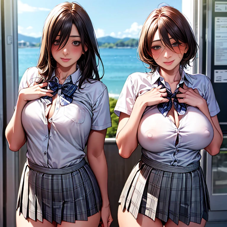 (masterpiece:1.2, Highest quality), (Realistic, photoRealistic:1.4), Beautiful illustrations,
Looking at the audience, whole body, Front view:0.6,
1 girl, Japanese, high School girl, (Good site:1.5), bangs, Hair between the eyes, Big Breasts:0.8,
Beautiful Hair, Beautiful Face, Beautiful and detailed, Beautiful clavicle, Beautiful body, Beautiful breasts, Beautiful thighs, Beautiful legs, Beautiful fingers,
(Beautiful views), , School,
((Collared short-sleeved shirt, White shirt, , Grey plaid pleated skirt, Blue checked bow tie)), White panties,
(Are standing, , Lift up the skirt, Grab the hem of your skirt, please put your hand on your chest, Place your hands between your legs),
blush, ,