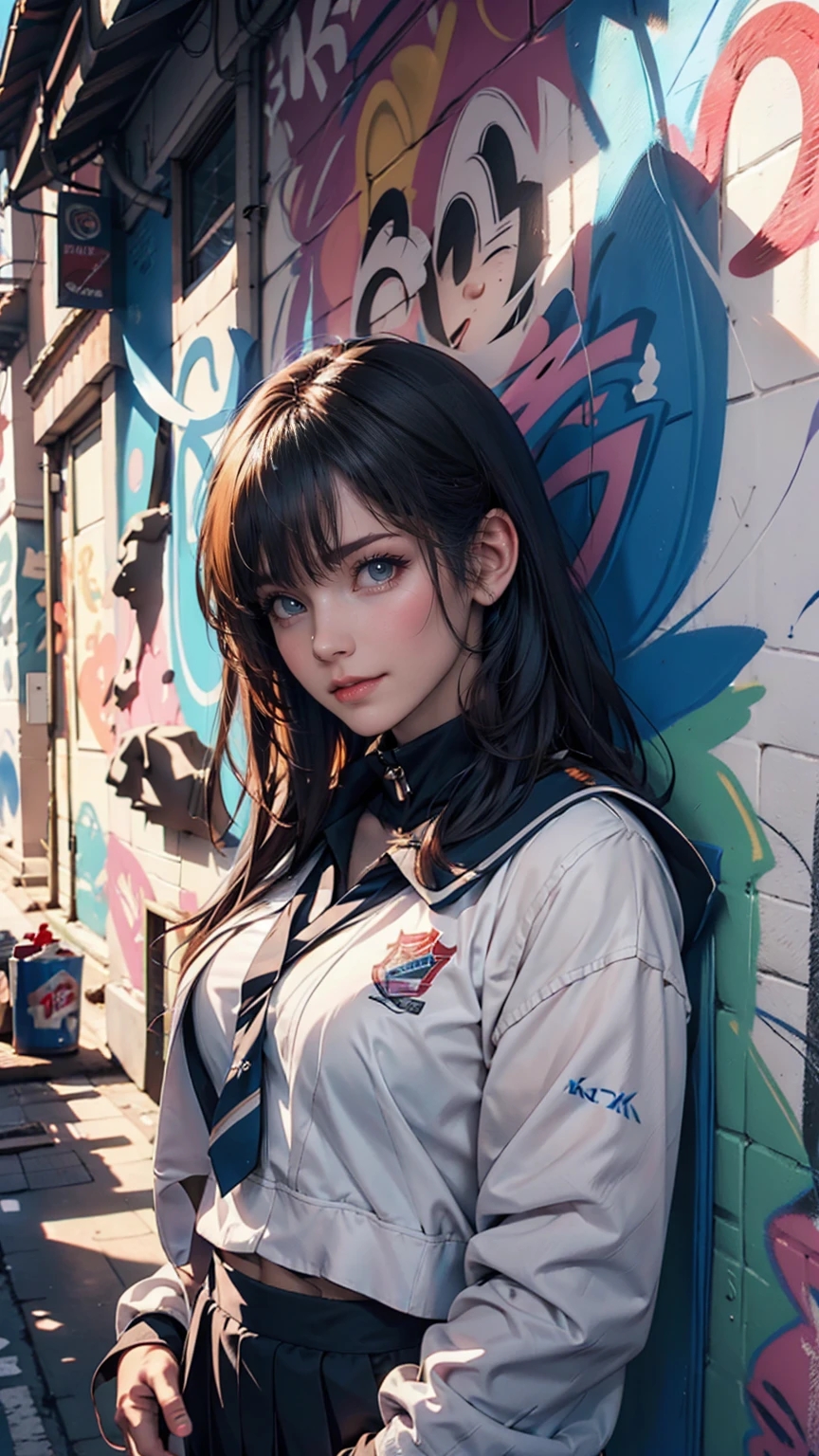 (Highest quality), masterpiece, Highly detailed CG uniform 8K illustrations, High collar, extremely High collar saturation, All the colors have deepened, paint, Graffiti art, Center Configuration, Highly detailed lights and shadows, Graffiti wall, wall painted bright, A girl&#39;s graffiti A girl is staring at the wall, Highly detailed face and eyes, Medium length hair, Sportswear, Coloured Clouds