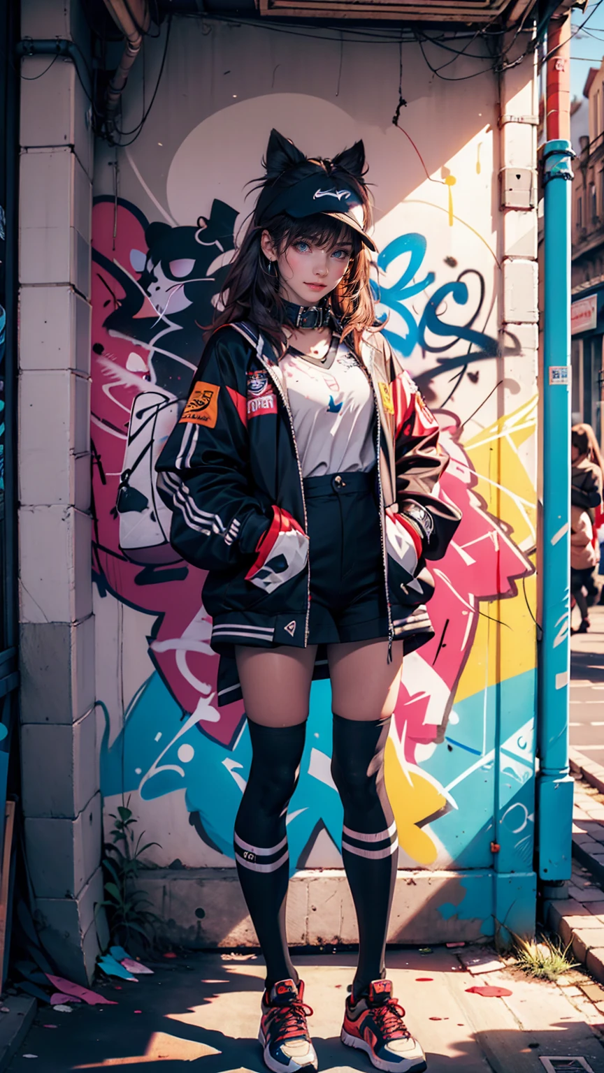 (Highest quality), masterpiece, Highly detailed CG uniform 8K illustrations, High collar, extremely High collar saturation, All the colors have deepened, paint, Graffiti art, Center Configuration, Highly detailed lights and shadows, Graffiti wall, wall painted bright, A girl's graffiti A girl is staring at the wall, Highly detailed face and eyes, Medium length hair, Sportswear, Coloured Clouds