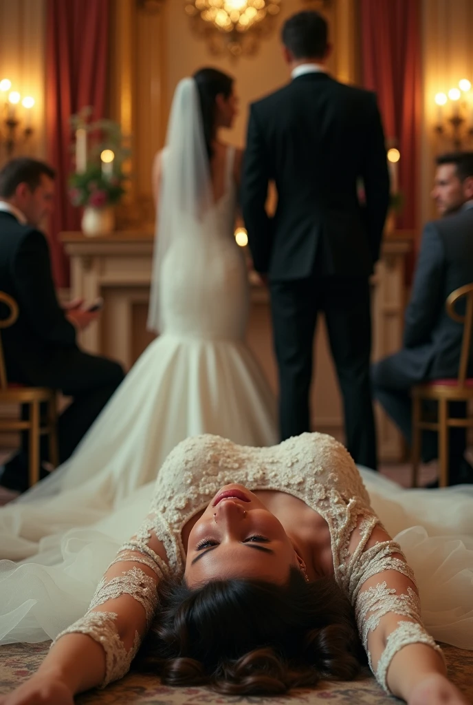 Woman dressed as a bride lying on the floor begs for help from her fiancé who does not help because his back is to her and he is marrying another woman

