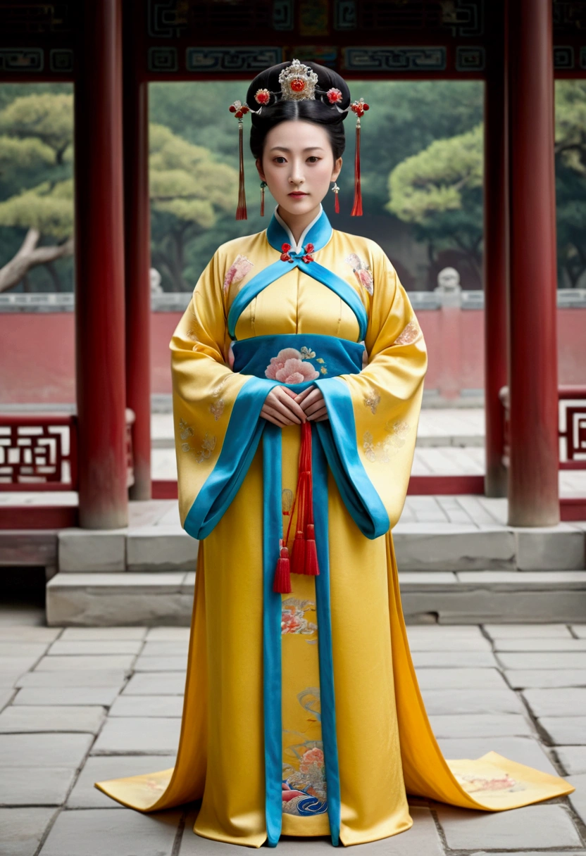A woman seen from the front, standing full-body, facing forward, wearing a crown and floral hairpin of a Qing dynasty empress in the Chinese imperial court of the Qing dynasty, showing her chest, lower abdomen, thighs and feet。She is wearing no underwear, and her large breasts are exposed, right down to her bare stomach. Her body is tied up and pulled up, and the background is the stone pavement of the Chinese palace during the Qing dynasty.