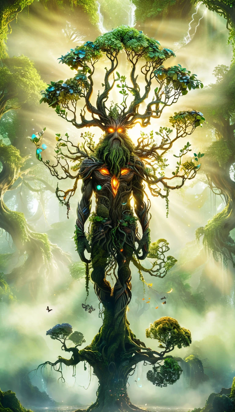 a magical treebeard using nature's power to heal, art nouveau style, ultra-detailed, 8k, highly realistic, dramatic lighting, vivid colors, intricate patterns, organic textures, ethereal atmosphere, fantasy, lush vegetation, glowing magical energy, radiant colors, dramatic shadows and highlights, masterpiece