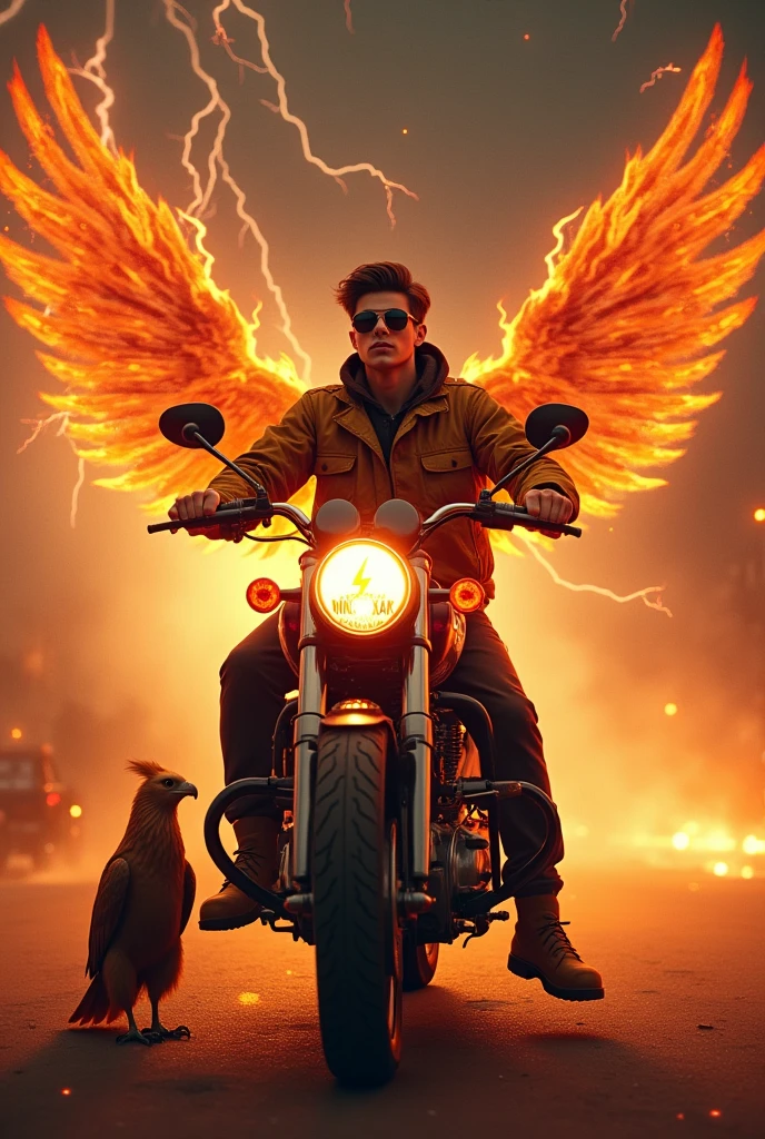 A 25 year old boy sits on a Brown fire engine bike on a brown lightning-lit road.. He was wearing a brown firefighter jacket., black pants, and brown firefighter boots, With Sunglasses. He was holding a neon brown lightning bolt sign with the words "MINGKAK" in one hand. A brown fire eagle stood beside him., adds to the intense and fiery scene. and wings of fire behind him