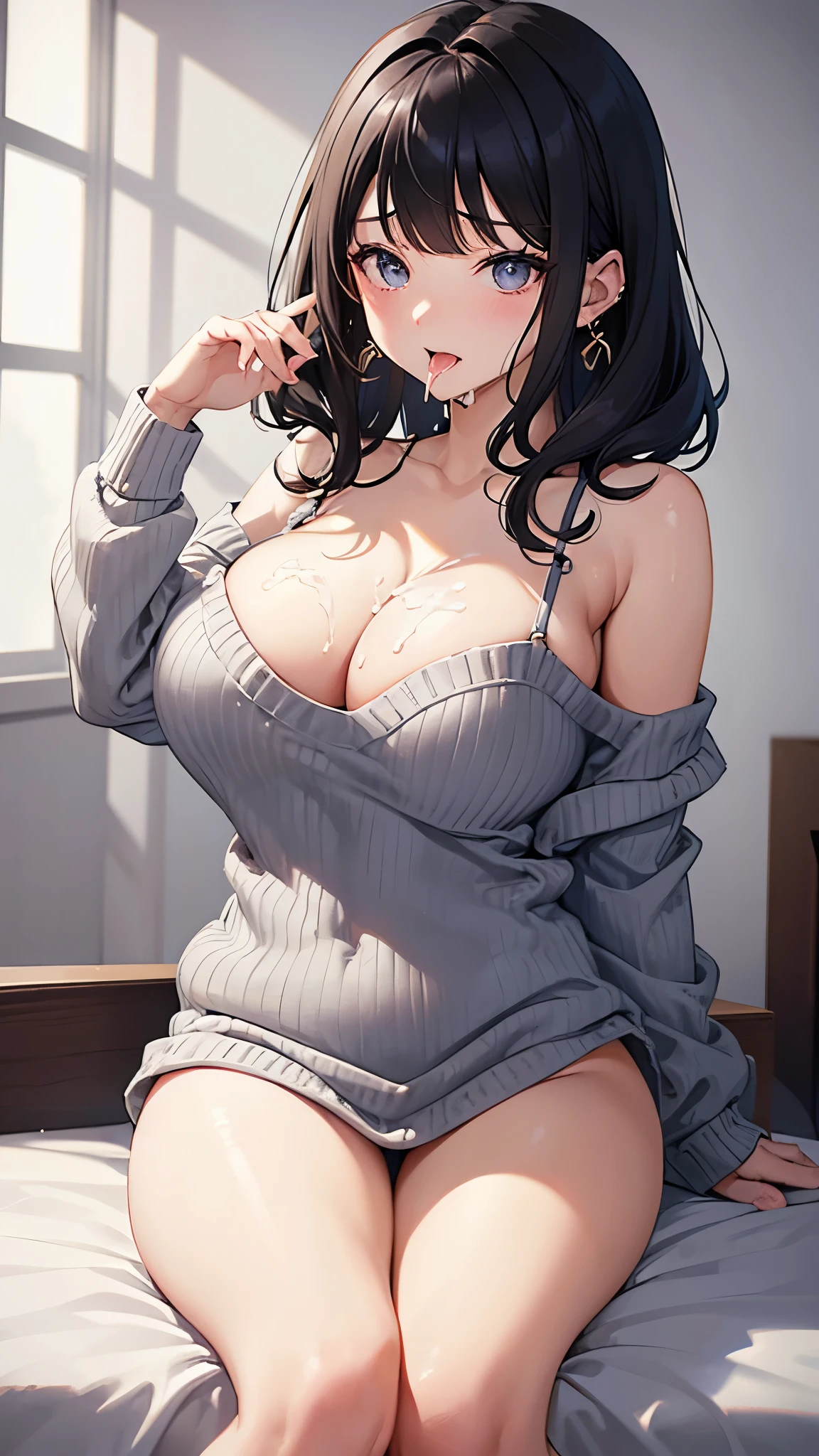 (masterpiece、Highest quality、Very detailed))、One Girl、Black Hair、short hair、Twin tails、Blunt bangs、Wavy Hair、Grey Eyes、((Open your mouth、Drooling from the mouth))、((Cum on tongue))、((Lots of earrings))、((Very large breasts))、((White sweater))、Cleavage、Off the shoulder、Strapless、((Thick waist))、Thighs、Kneel、On the bed、Bedroom Background