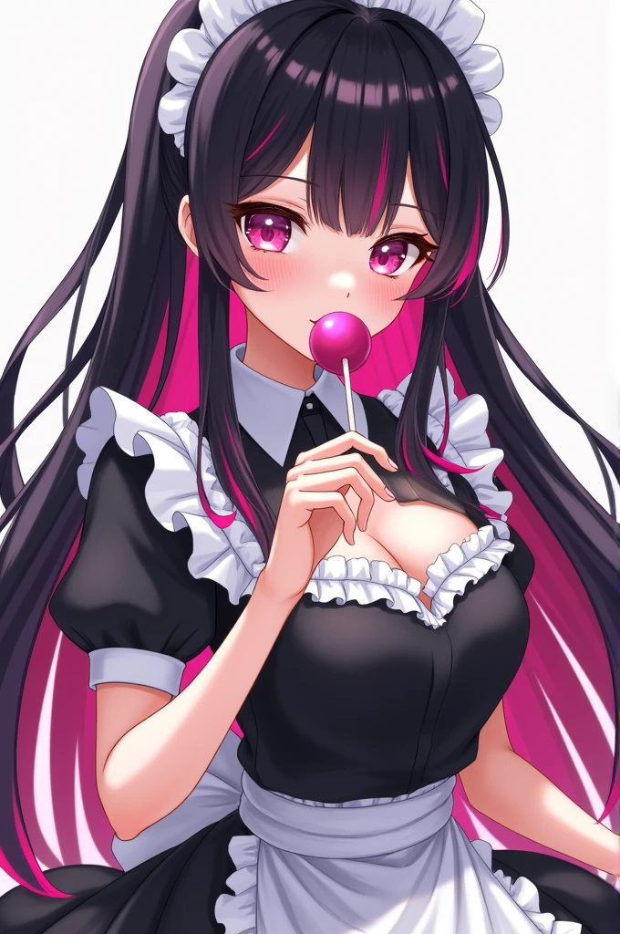 Draw Genshin Style, Adult girl, maid outfit, Black hair is long with pink tips,black bangs, perfect hands, lollipop in mouth,perfect lollipop